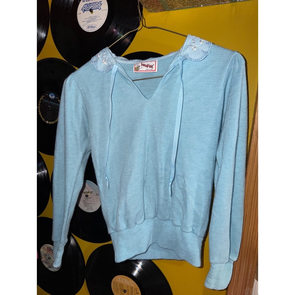 Vintage Hug-A-Knit Kids Blue Sweater Embroidered Peter Pan Collar Lace V-Neck